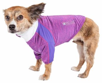 Pet Life Active 'Chewitt Wagassy' 4-Way Stretch Performance Long Sleeve Dog T-Shirt (Color: PURPLE, size: X-Small)